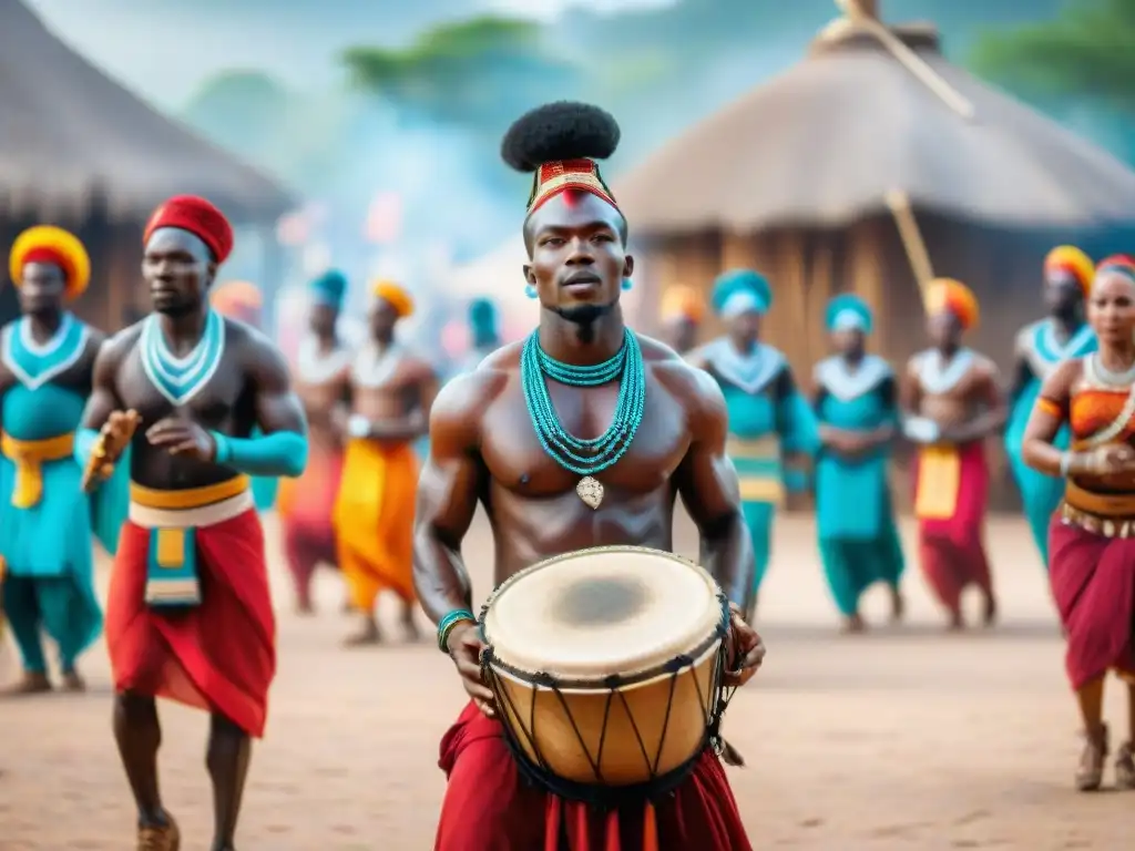 Un vibrante ritual africano con tambores y danzas en una plaza, influencia rituales africanos diáspora