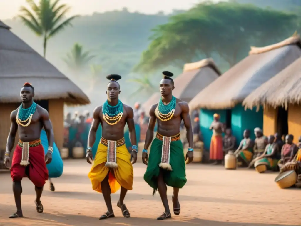 Un vibrante ritual de danza en África: jóvenes bailarines con trajes tradicionales y cuentas coloridas, en una plaza polvorienta al atardecer