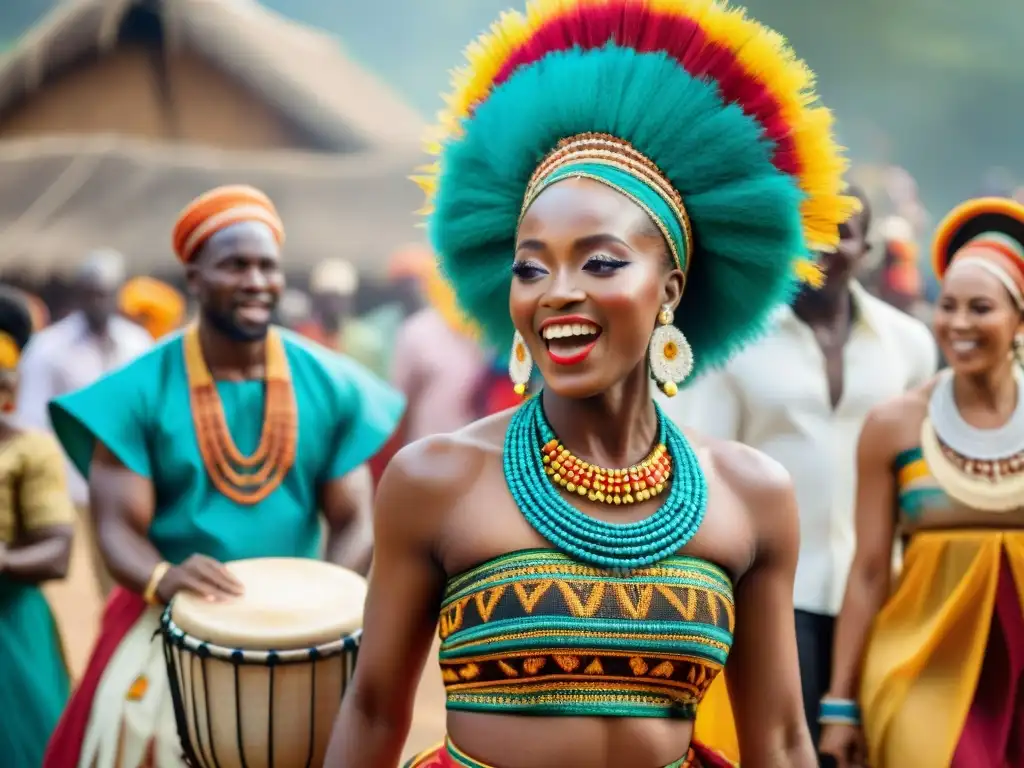 Un vibrante ritual matrimonial africano: bailarines adornados en coloridos trajes danzan al ritmo de tambores en una celebración cultural única