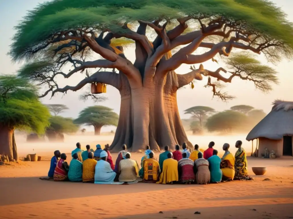 Vibrante ritual matutino bajo un baobab en una aldea africana, mostrando la unión espiritual de la comunidad