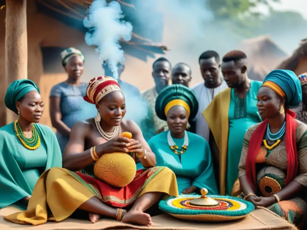 Un vibrante ritual de nacimiento en África: anciano bendice a un bebé rodeado de la comunidad en ceremonia tradicional