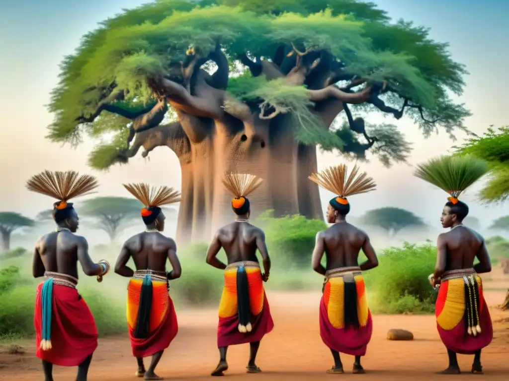 Un vibrante ritual de la tribu Luba, danzando con orgullo y unión bajo un baobab centenario