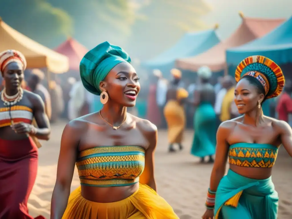 Un vibrante ritual Yoruba en un mercado africano, con danzas y vestimentas tradicionales