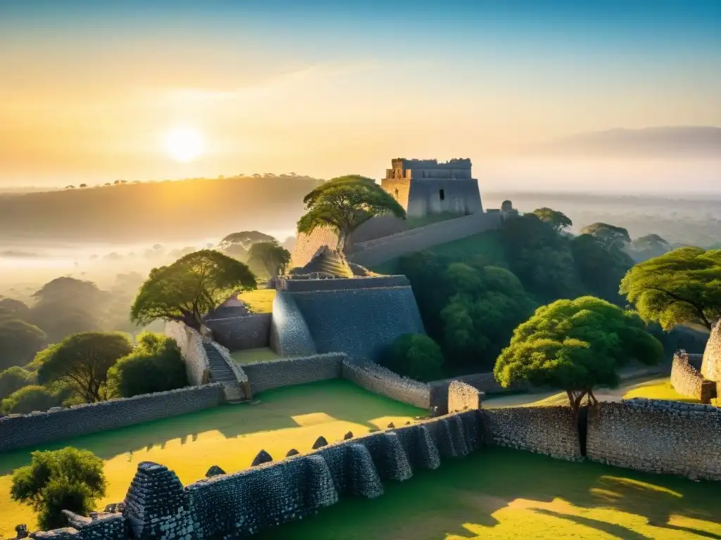 Vibrante amanecer en ruinas de Great Zimbabwe, con sombras alargadas sobre muros de piedra y grabados, árboles acacia y nativos