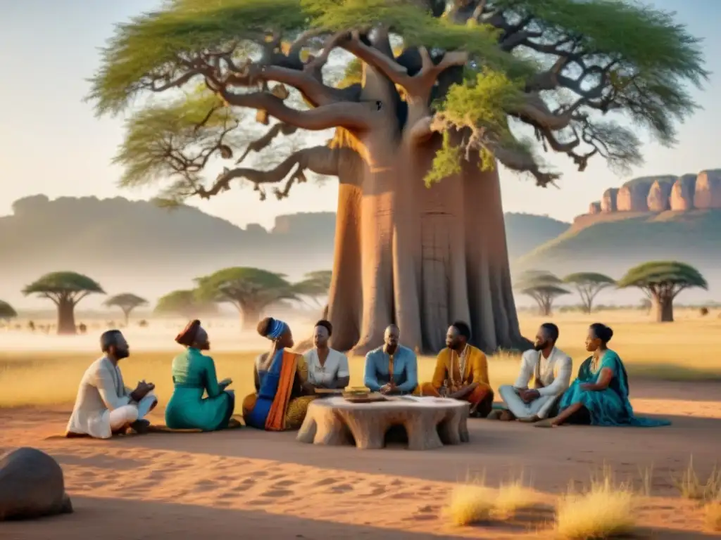 Vibrante debate bajo el baobab: diversidad y cultura en la sabana africana Vibrante discusión bajo baobab en la sabana africana