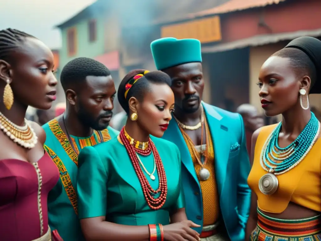 Un vibrante set de cine africano, muestra un grupo de cineastas discutiendo, fusionando tradición y modernidad