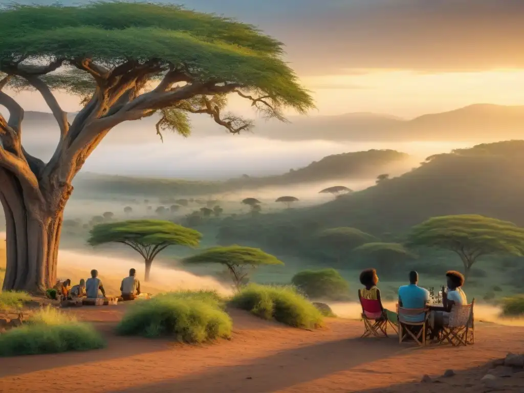 Un vibrante set de cine en África, con diversidad y colaboración bajo un árbol acacia