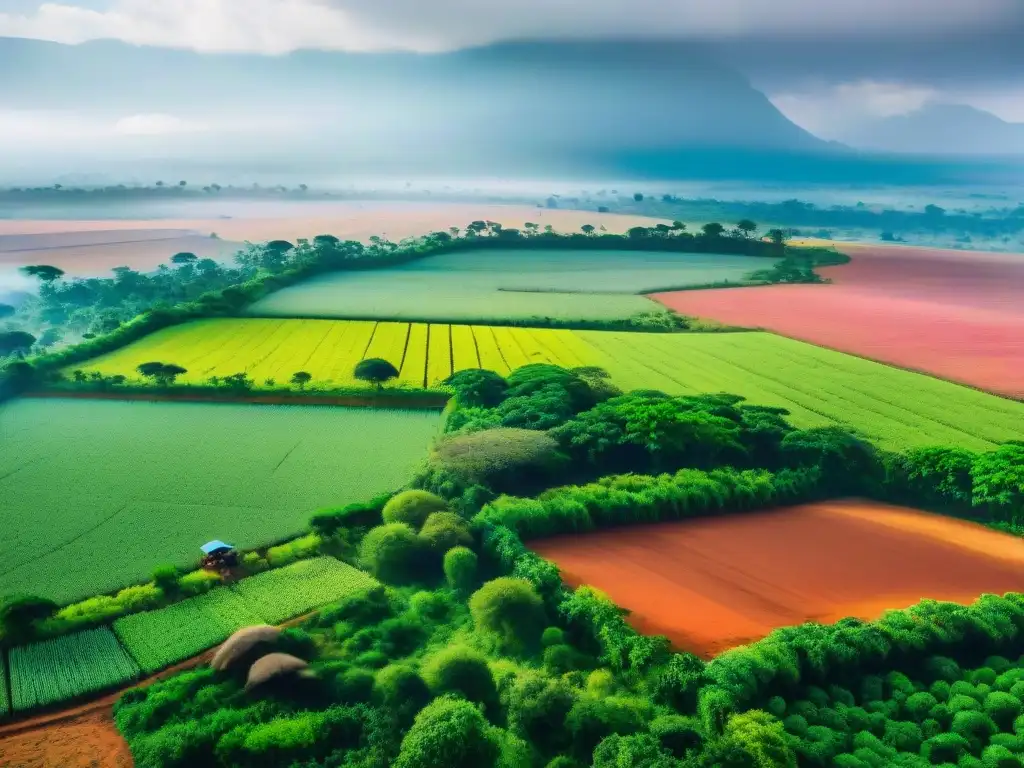 Vibrante agricultura en sociedades africanas: granjas verdes, agricultores y una aldea al fondo, bajo el sol africano