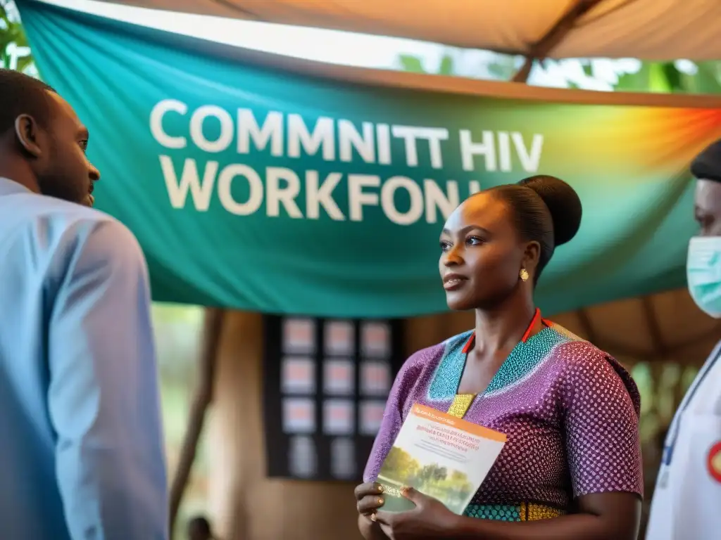 Un vibrante taller comunitario sobre VIH en un mercado africano, con participantes diversos intercambiando conocimientos