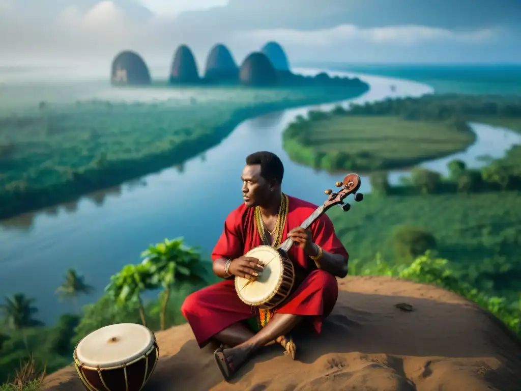 Vibrante música tradicional en el río Congo: músicos congoleños tocan instrumentos rodeados de exuberante vegetación y fauna