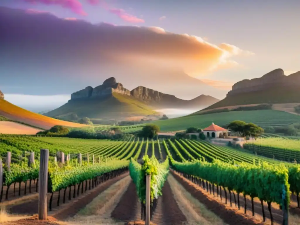 Vibrante viñedo sudafricano al atardecer, con tonos anaranjados y púrpuras