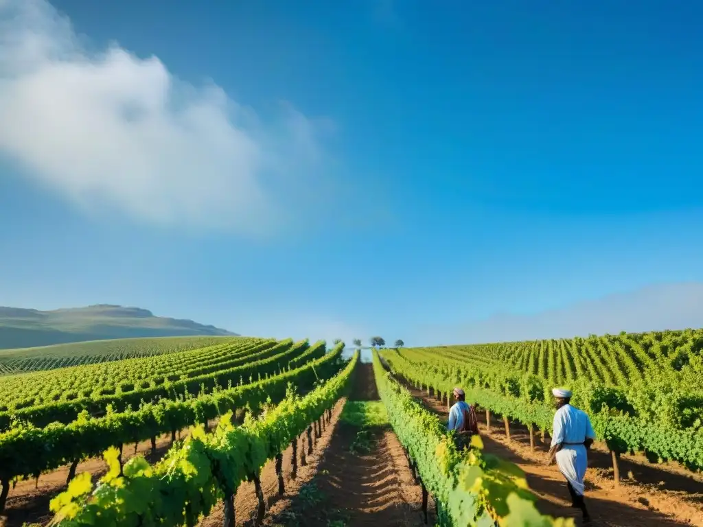 Vibrante vinicultura africana: agricultores locales cuidando uvas bajo cielo azul