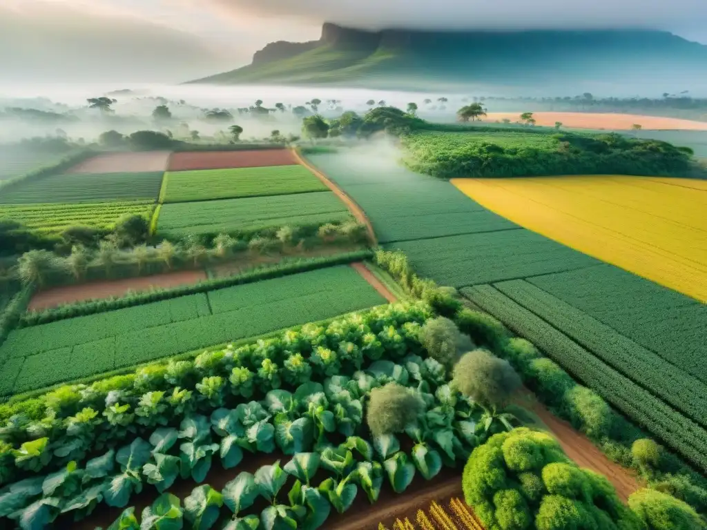 Vibrantes cultivos sostenibles en campos verdes de África, destacando la armonía entre agricultores y tierra