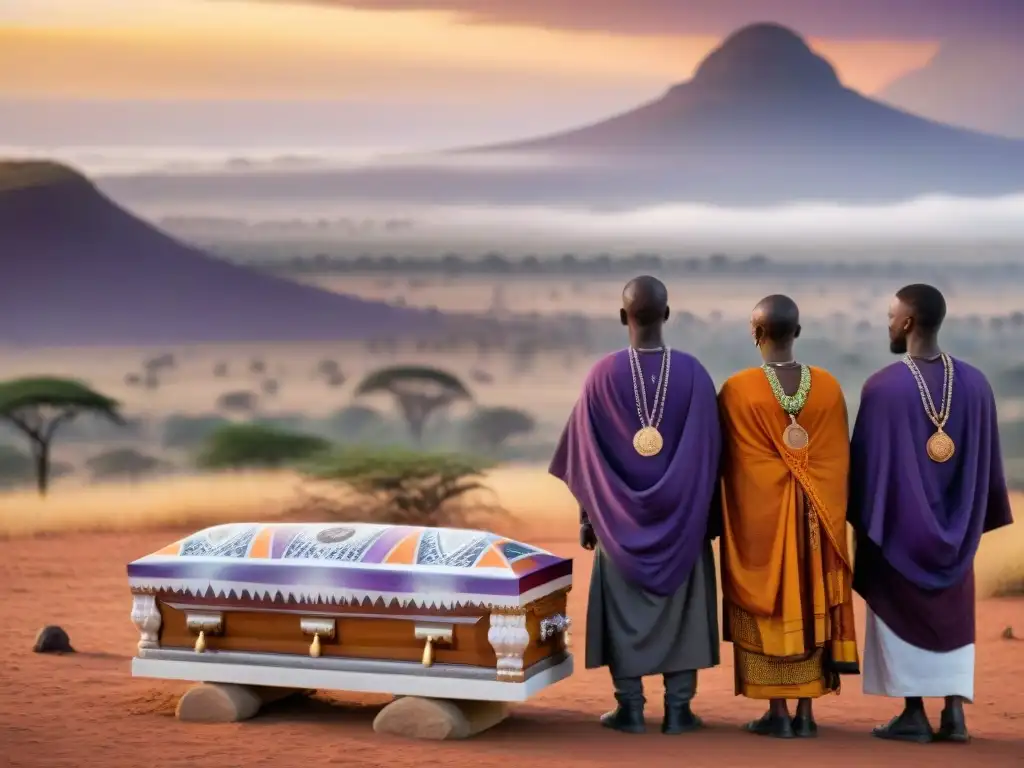 Vibrantes representaciones artísticas del ciclo de vida africano en un funeral tradicional, con paisaje de la sabana al atardecer