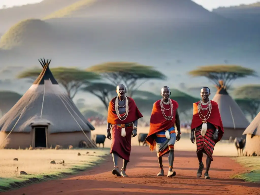 La vida cotidiana en una aldea Masái al amanecer, con guerreros danzando y mujeres ordenando vacas