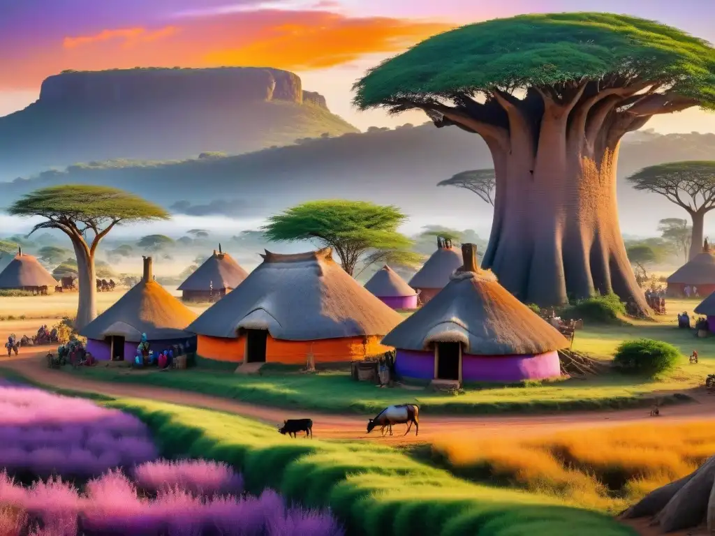 Vida cotidiana en una aldea Nguni en África, con coloridas escenas y un atardecer majestuoso