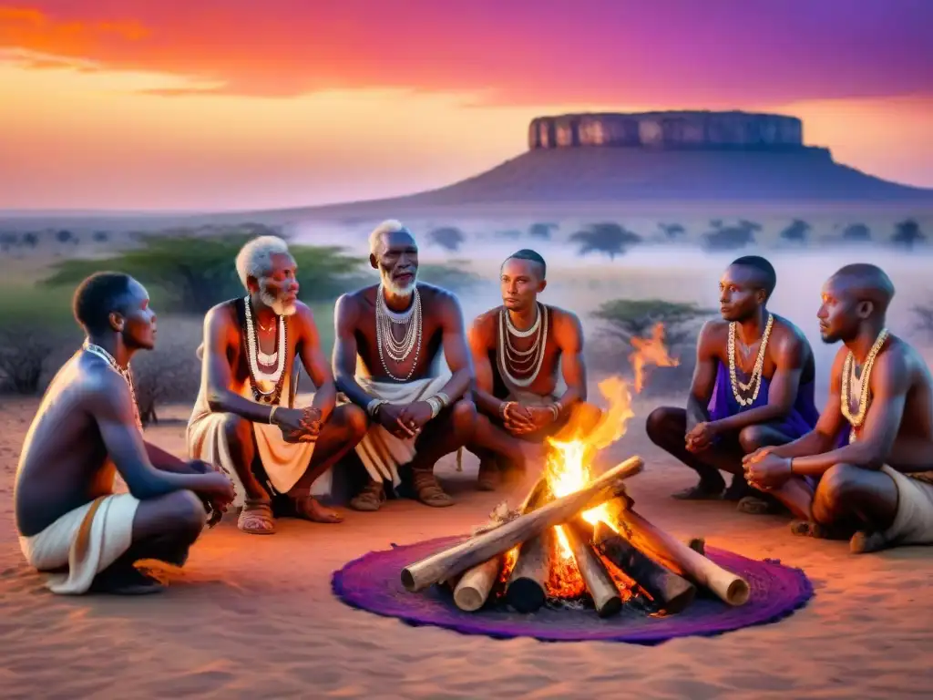 Vida espiritual en civilizaciones africanas: Sabios ancianos realizan ritual ancestral alrededor de fogata mística al atardecer en la sabana africana