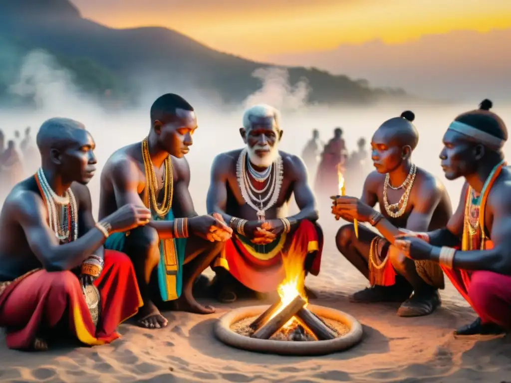 Vida espiritual en civilizaciones africanas: Ancianos africanos realizan ritual sagrado al atardecer en aldea remota