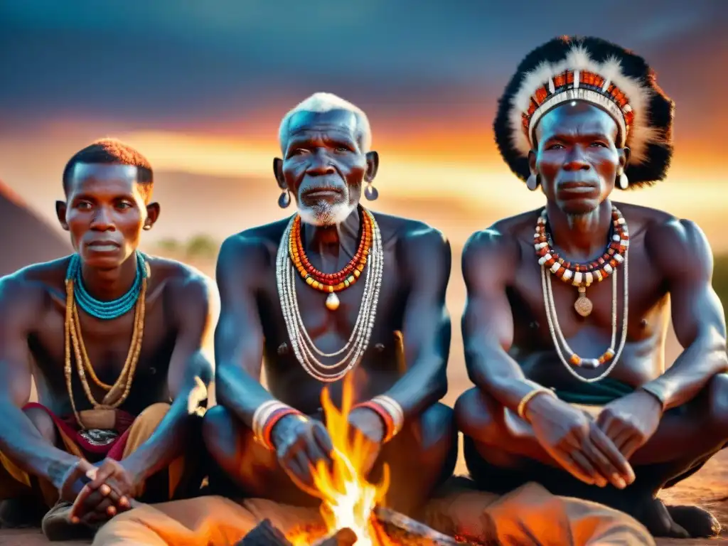 Vida espiritual en civilizaciones africanas: Ancianos tribales reunidos alrededor del fuego en ceremonia nocturna