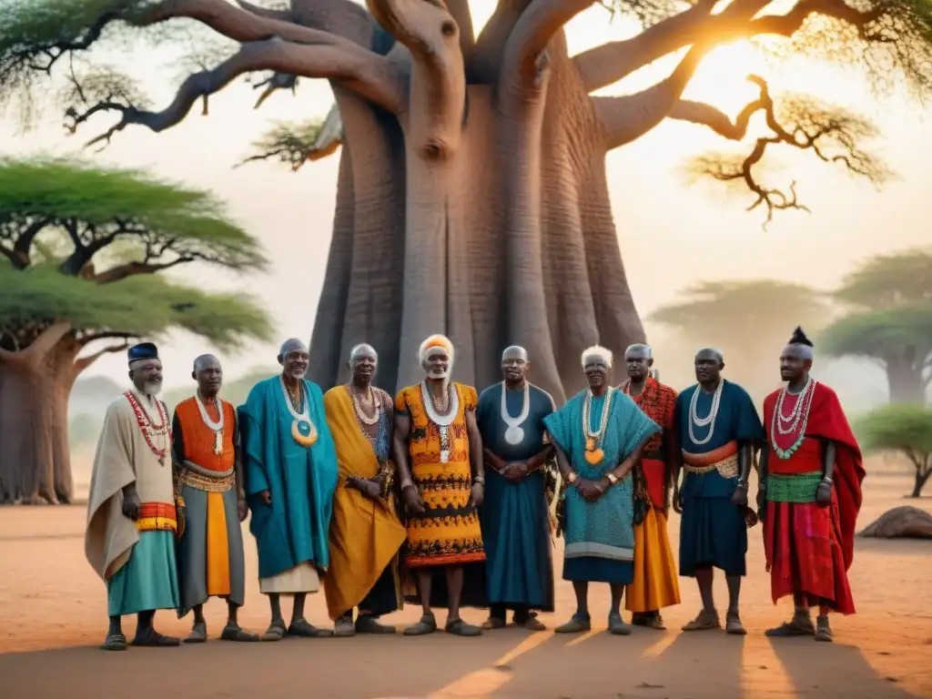 Vida espiritual en civilizaciones africanas: Ancianos africanos celebran ritual bajo baobab al atardecer