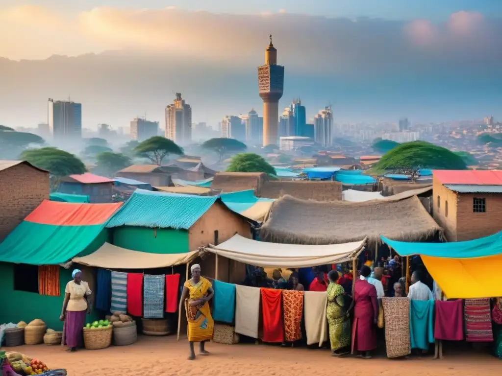 Vida urbana en África: tradición y modernidad en una ciudad bulliciosa con casas de barro y rascacielos modernos