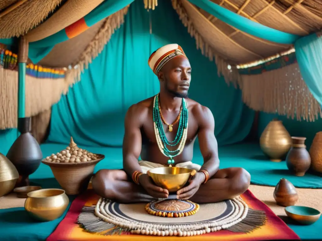 Un vidente africano en profunda conexión espiritual con cowrie shells