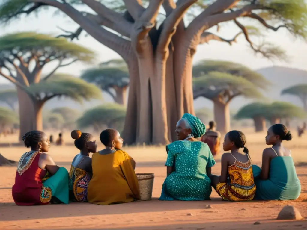 Vieja africana comparte sabiduría bajo baobab con niñas