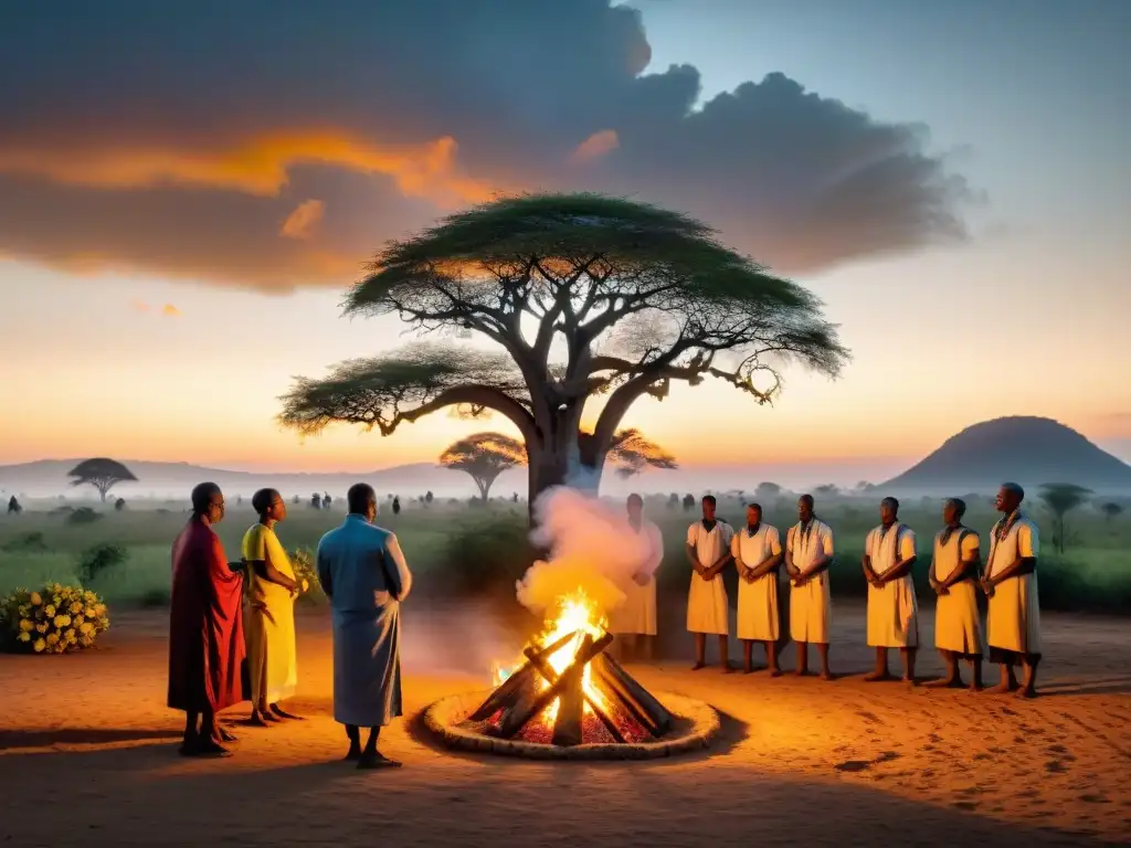 Villagers en rituales funerarios, atuendo tradicional africano alrededor de fogata al anochecer