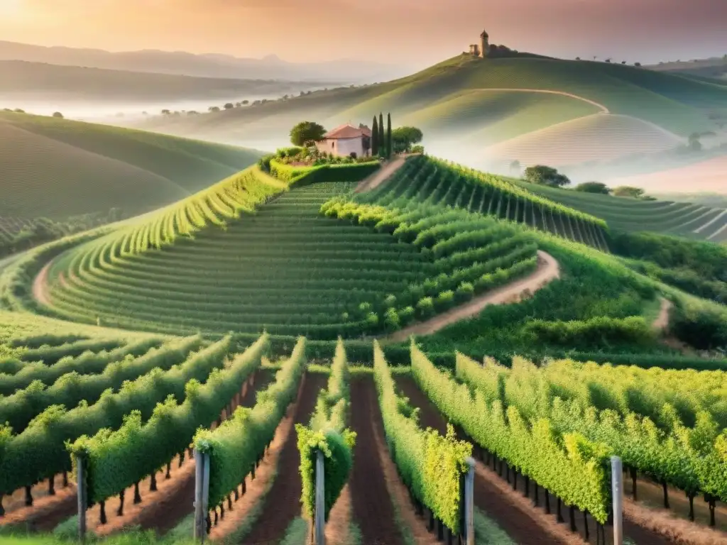 Un viñedo africano al atardecer, con verdes vides y un pueblo tradicional al fondo