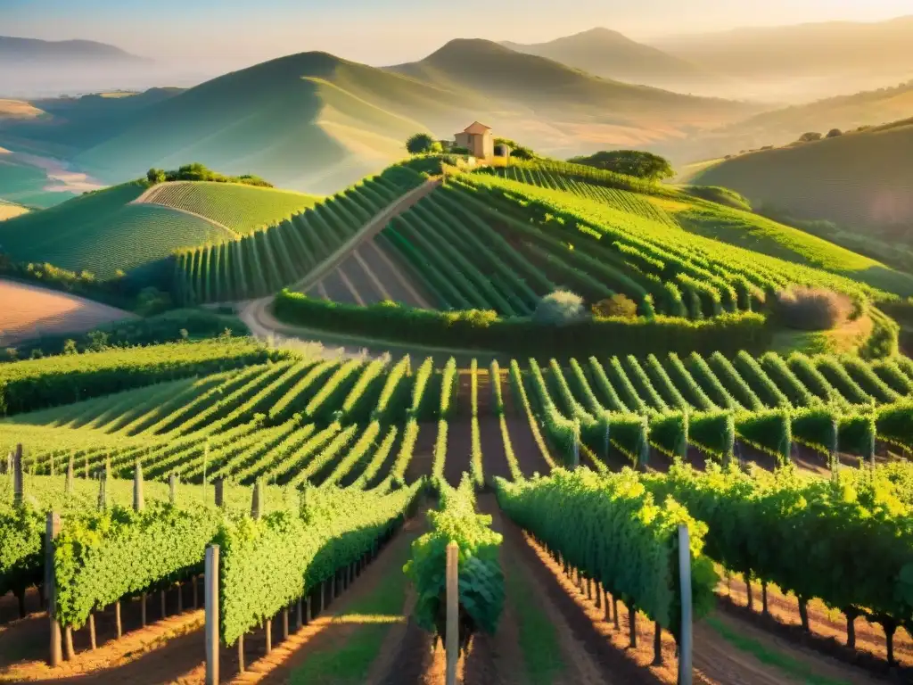 Un viñedo africano exuberante al atardecer, con uvas maduras y agricultores trabajando