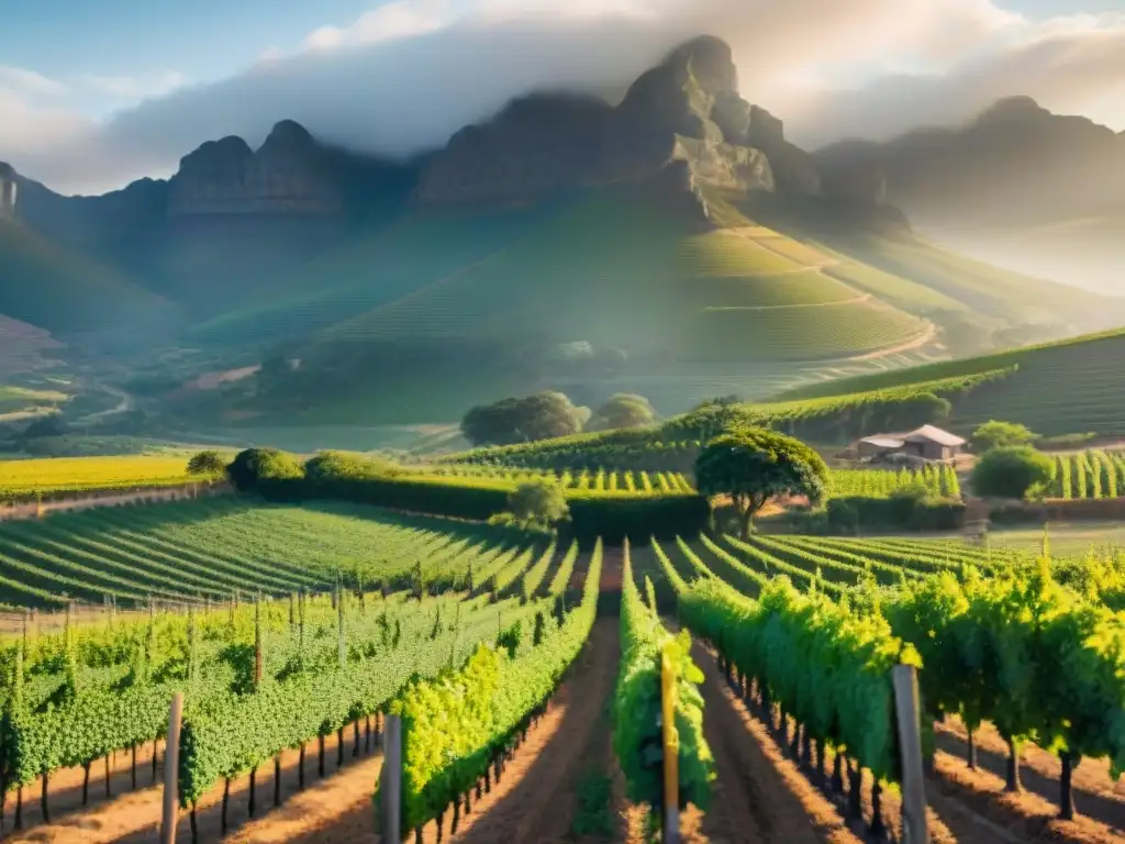 Un viñedo sudafricano al amanecer, con trabajadores cosechando uvas y montañas al fondo