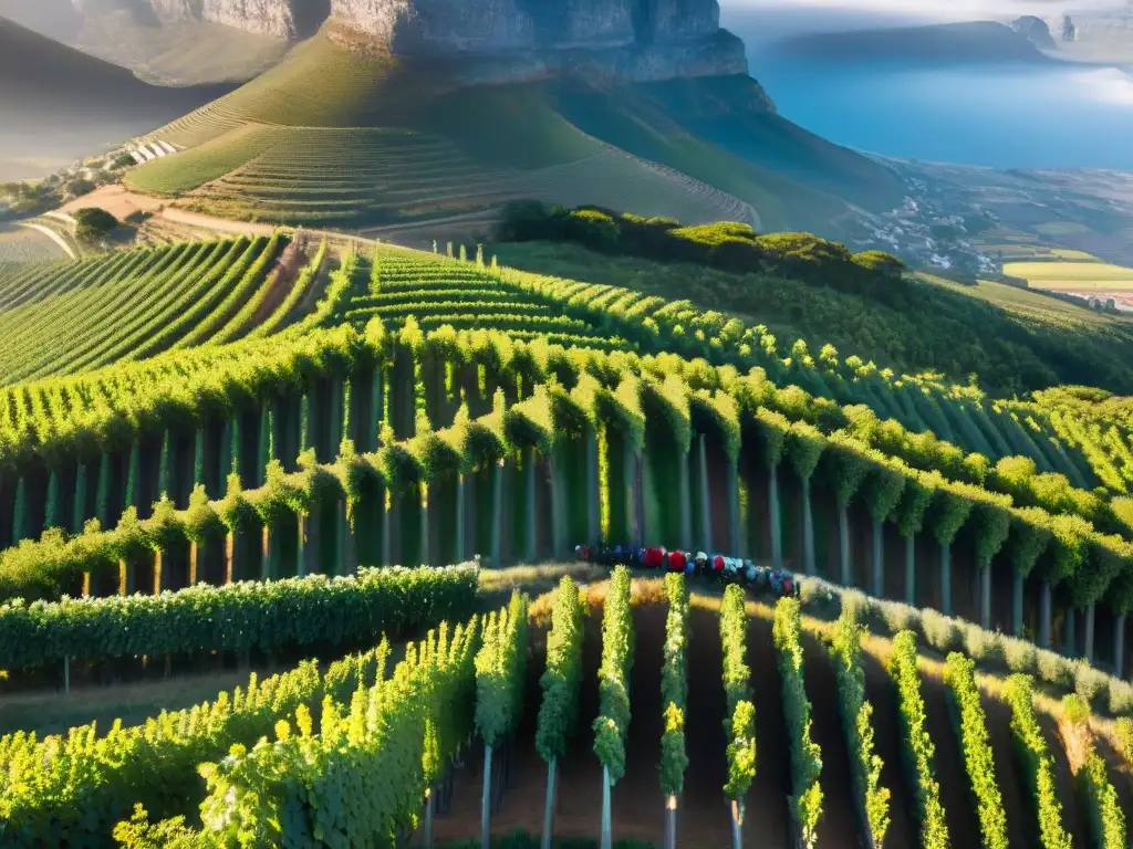 Vinos sudafricanos paladares internacionales: Viñedos exuberantes y tradición en Sudáfrica, con viñadores y la majestuosa Table Mountain al fondo