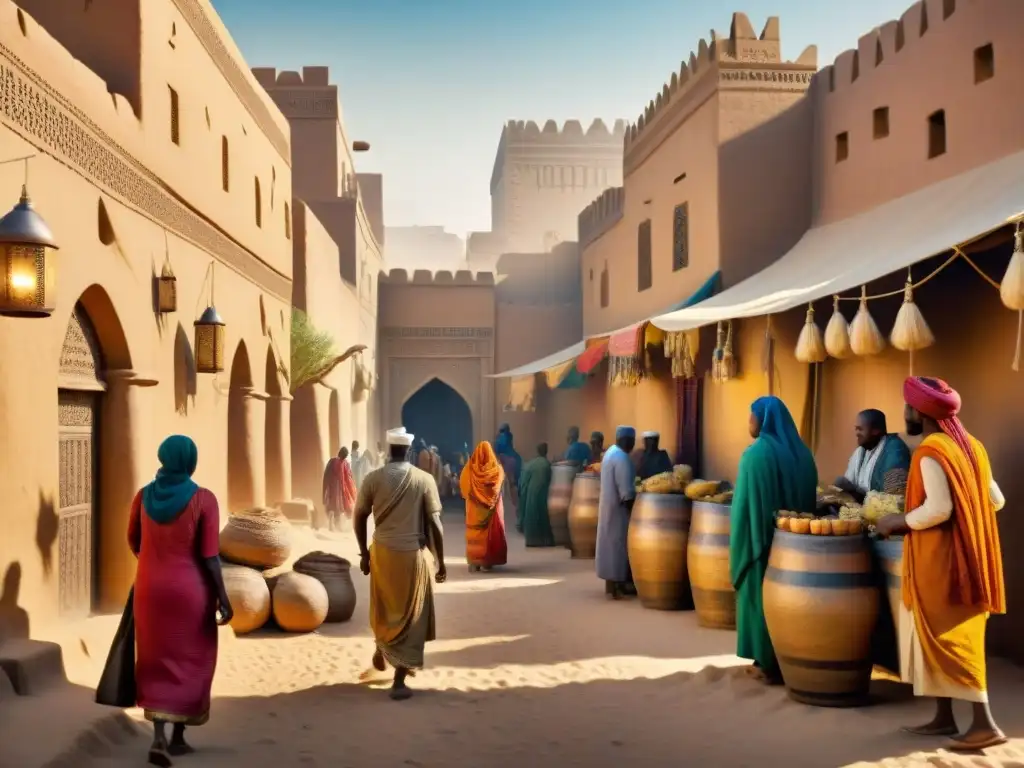 Reconstrucción virtual de las calles de la antigua ciudad africana de Timbuktu, con edificios de barro y textiles vibrantes en mercados bulliciosos