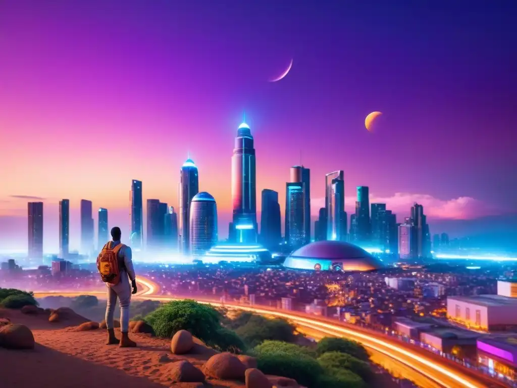 Una visión futurista de una ciudad africana con rascacielos brillantes y un cielo morado iluminado por varias lunas