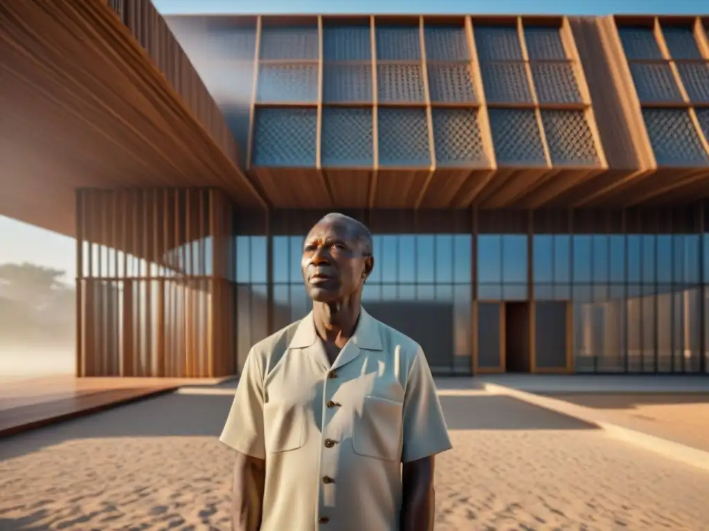 Un visionario Diébédo Francis Kéré en su obra maestra arquitectónica sostenible, fusionando diseño moderno con influencias africanas, destacando materiales sostenibles y castigando sombras dinámicas bajo la luz solar