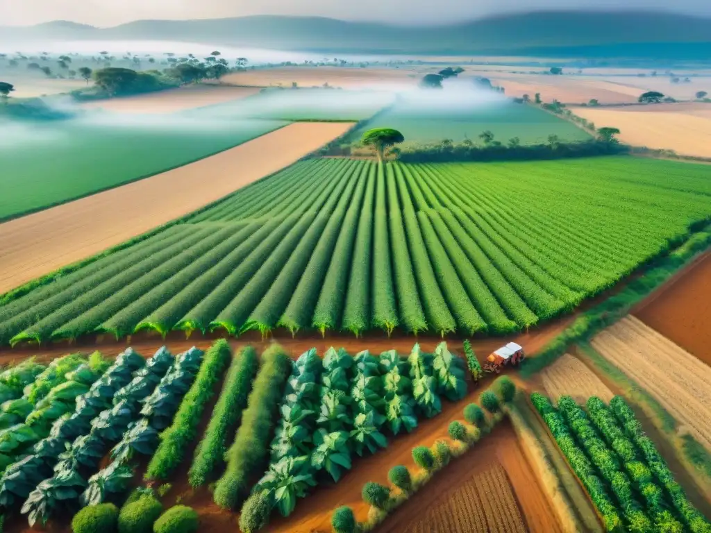 Vista aérea de agricultura revolucionaria en África: campos verdes con agricultores trabajando la tierra