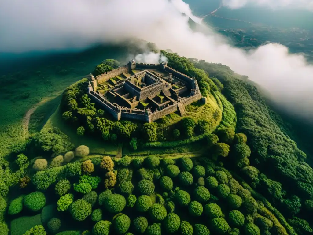 Vista aérea en alta resolución de las antiguas ruinas del reino de Butua, con muros de piedra derruidos y vegetación exuberante reclamando la tierra