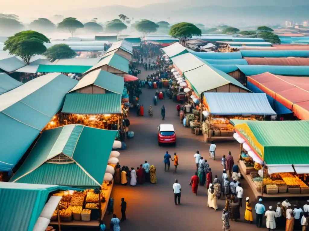 Vista aérea de un animado mercado en una vibrante ciudad africana, mezclando tradición y tecnología blockchain en el comercio electrónico en África