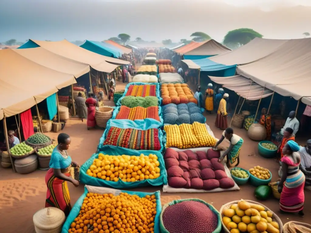 Vista aérea de un animado mercado africano con diversidad cultural civilizaciones africanas: textiles coloridos, frutas, personas intercambiando