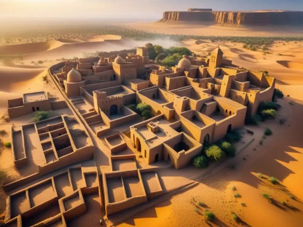 Vista aérea de la antigua ciudad de Sijilmasa en el Sahel África, con sus edificaciones de piedra bajo el sol del desierto