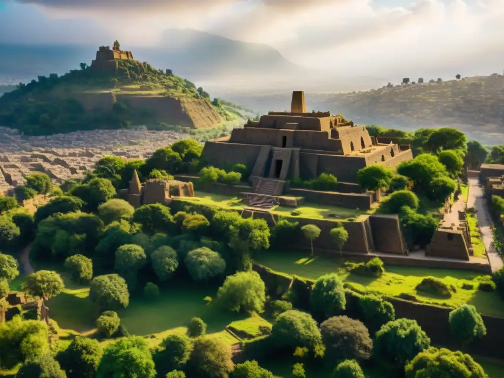 Vista aérea de la antigua ciudad de Axum en Etiopía, resaltando sus obeliscos y ruinas