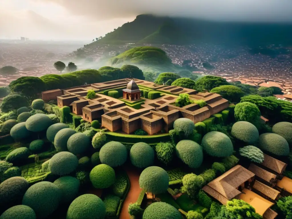 Vista aérea de la arquitectura tradicional yoruba en Nigeria, mostrando patrones geométricos y detalles espirituales en Ife