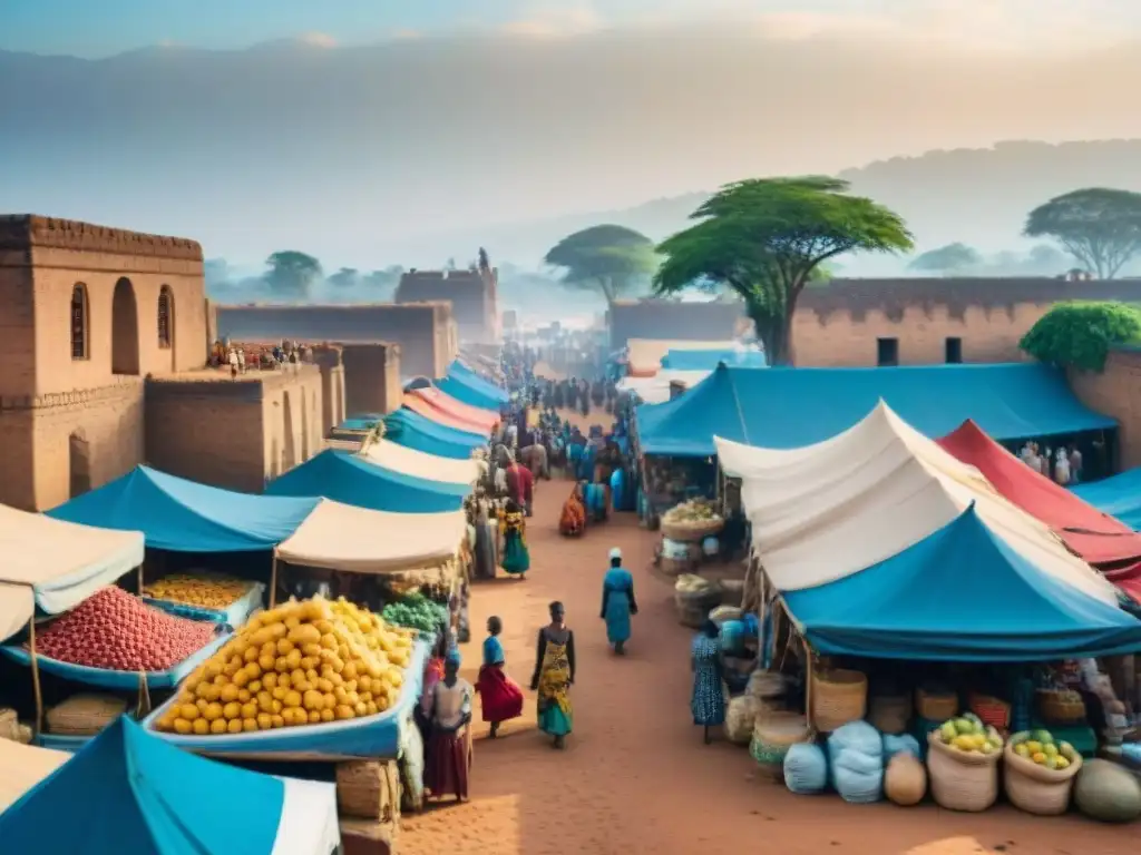 Vista aérea de un bullicioso mercado en una ciudad africana, reflejando la descolonización en África y Asia con frutas, tejidos y artesanos locales