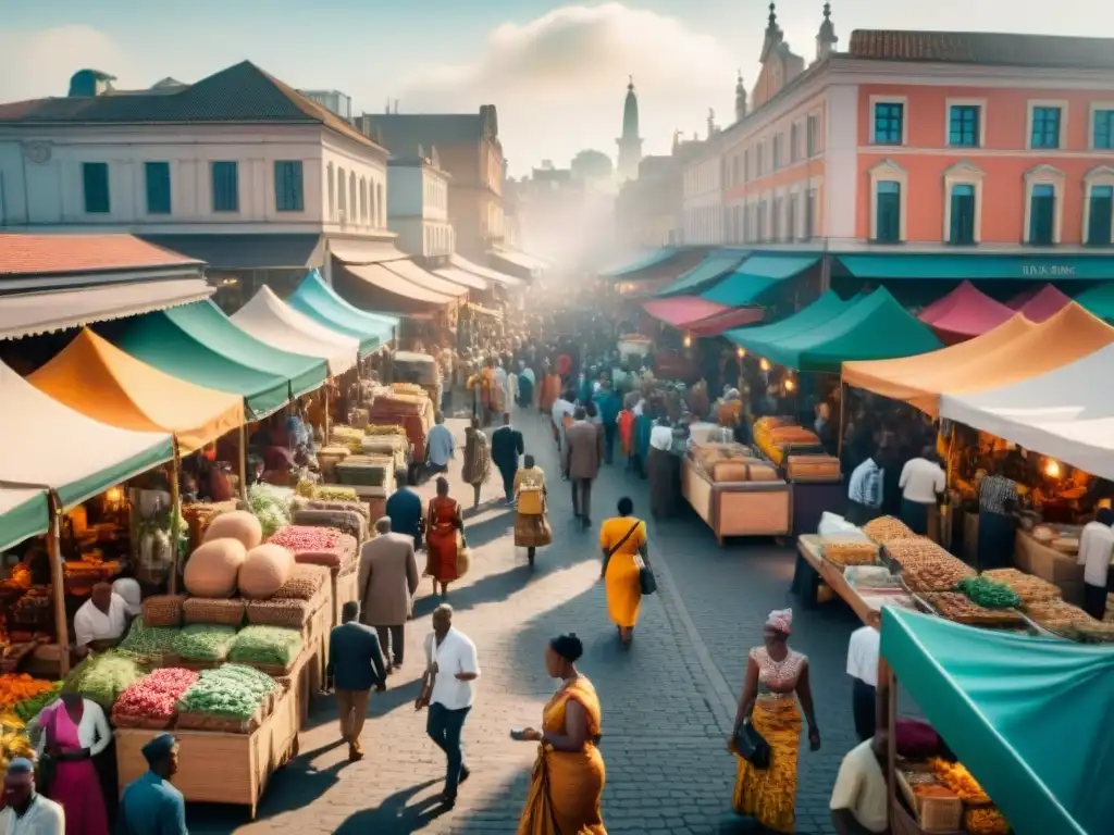 Vista aérea de un bullicioso mercado en una animada ciudad, reflejando el impacto económico diáspora africana