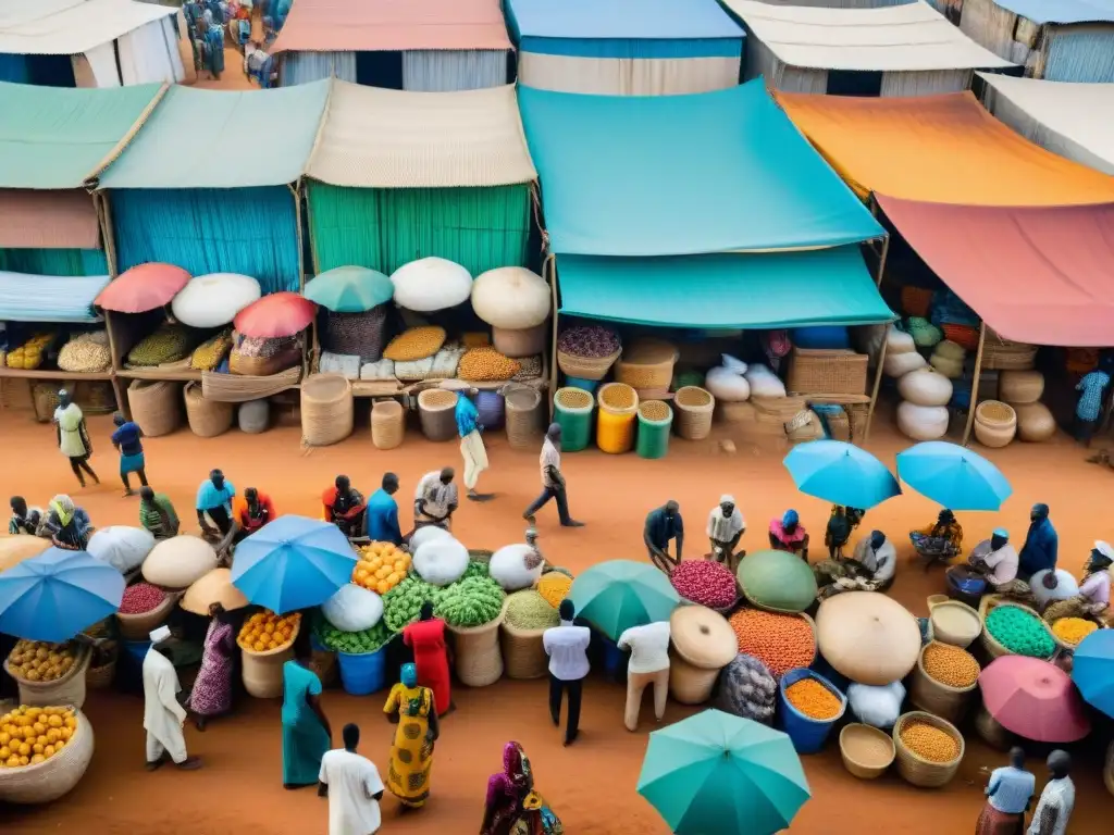 Vista aérea de un bullicioso mercado en una ciudad africana, reflejando colores vibrantes y personas comerciando