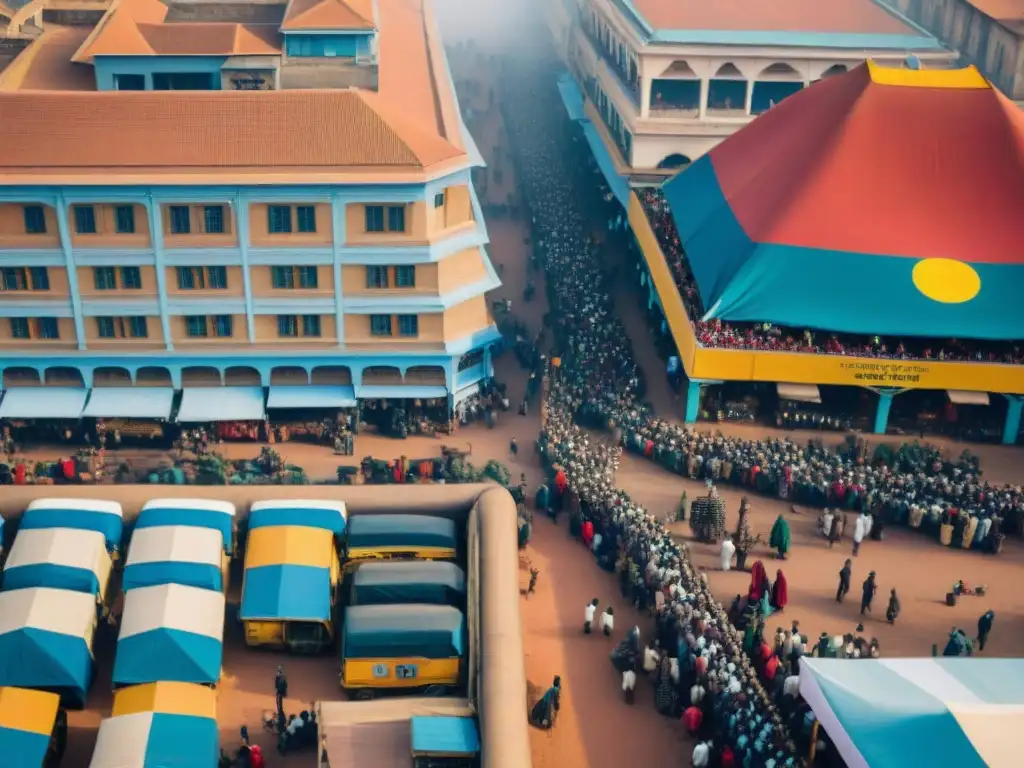 Contrastes urbanos: Modernidad y tradición en la política africana Vista aérea de una ciudad africana mostrando la mezcla de rascacielos modernos y edificios de barro, reflejo de las dictaduras modernas en África
