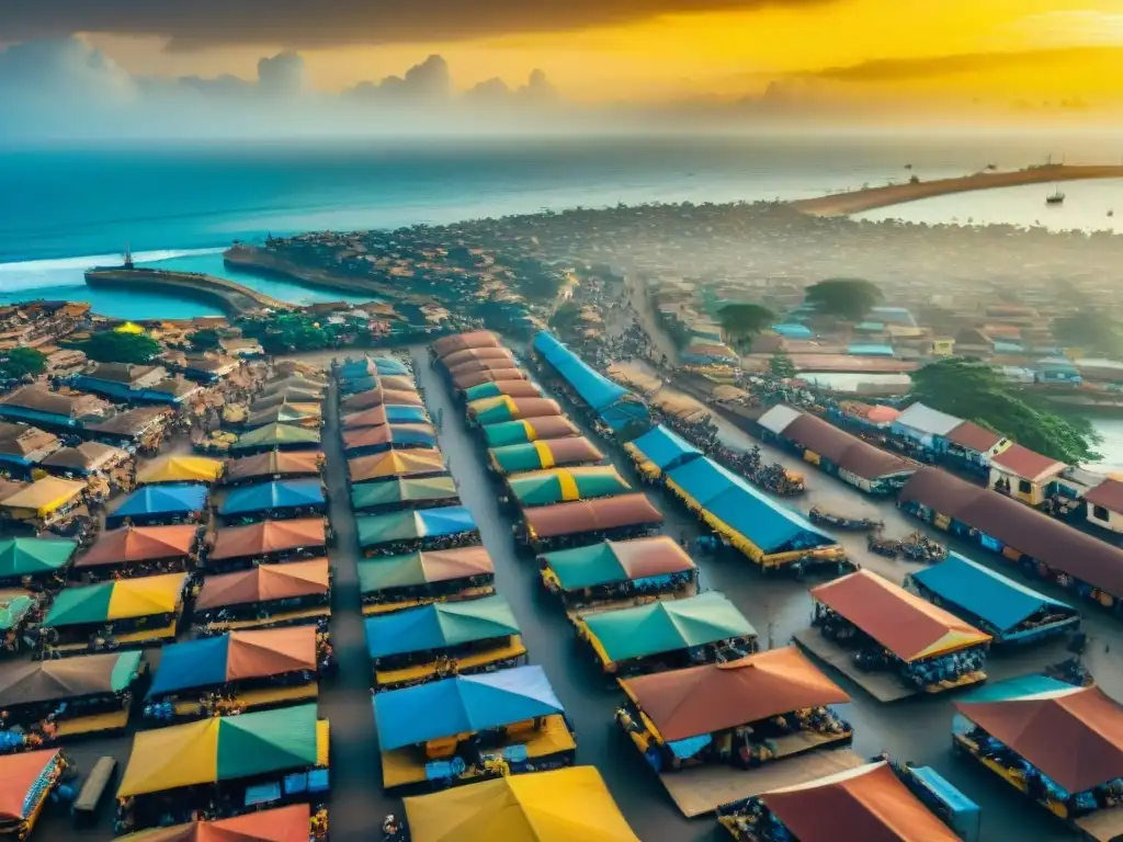 Vista aérea de la ciudad costera de Accra al amanecer, reflejando la fusión de arquitectura tradicional y moderna