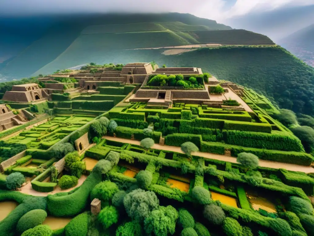 Vista aérea de los Jardines colgantes de Aksum, con exuberante vegetación en terrazas y ruinas históricas