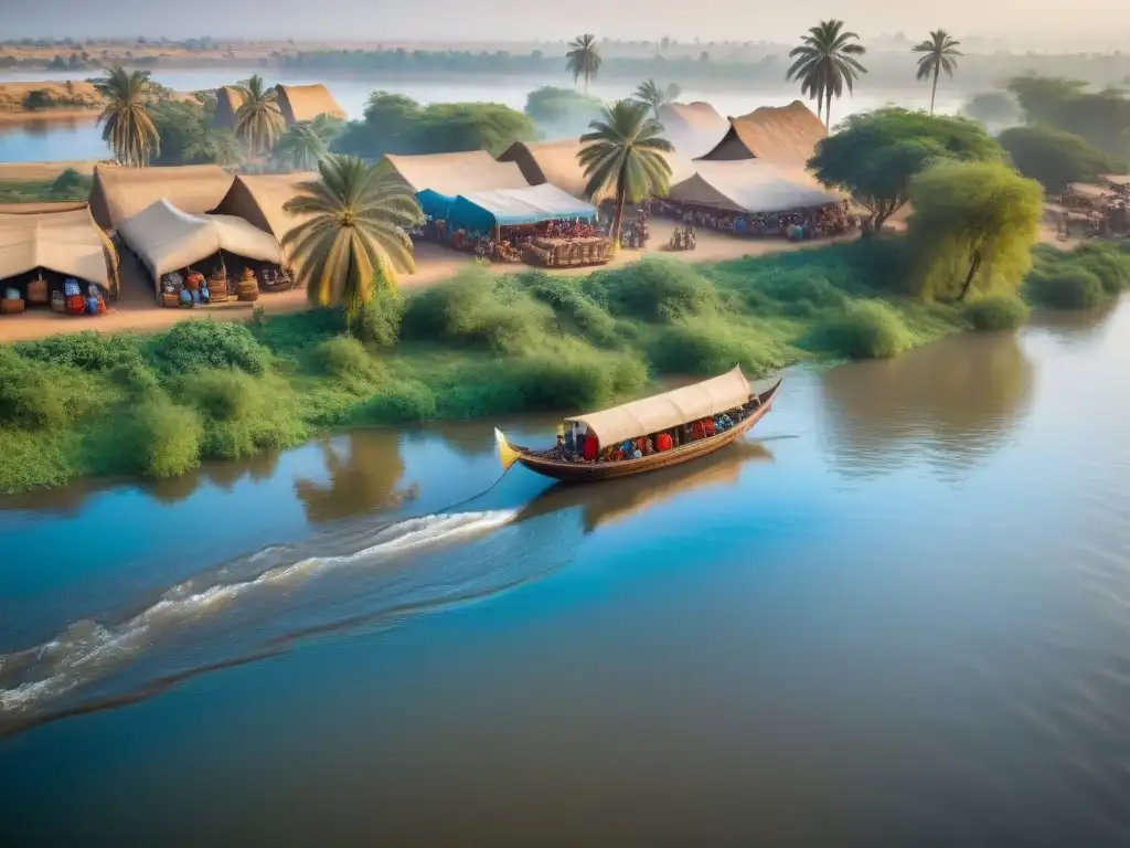 Vista aérea del comercio fluvial en civilizaciones africanas a lo largo del río Nilo, con barcos de madera y colores vibrantes