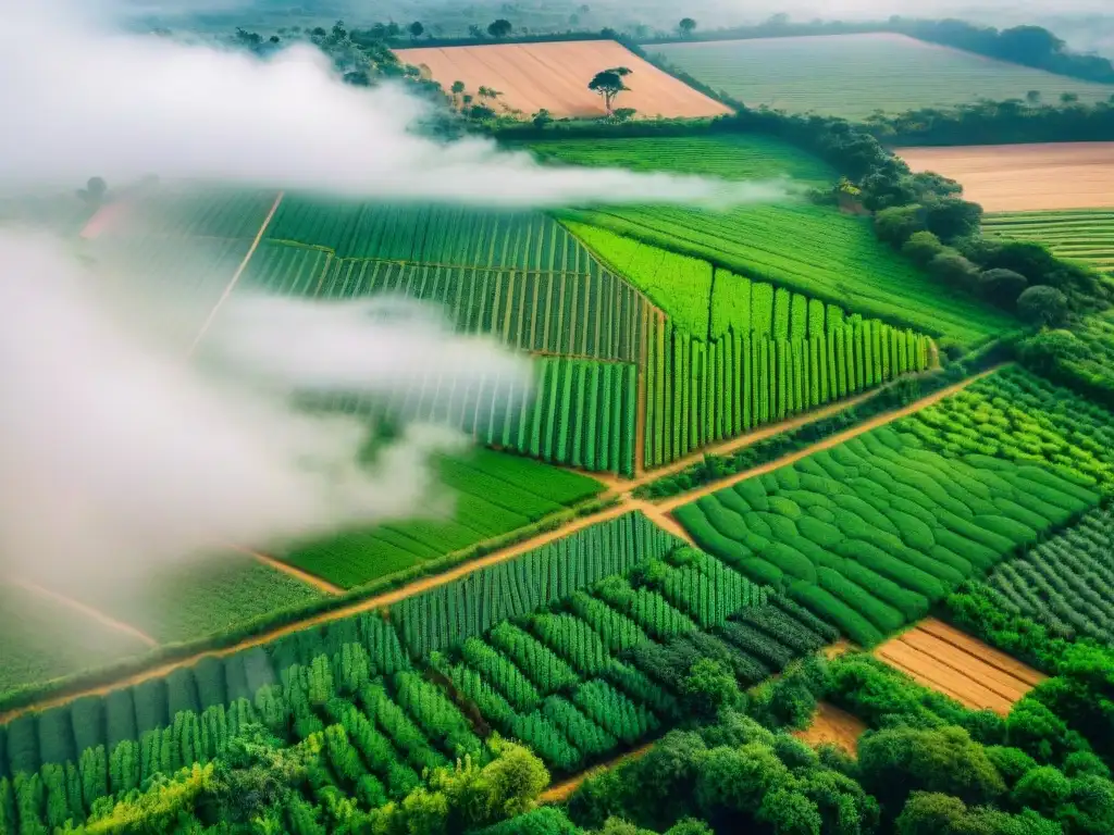 Vista aérea de cultivos verdes en África con agricultores y tecnología, simbolizando inversiones sostenibles en agricultura africana